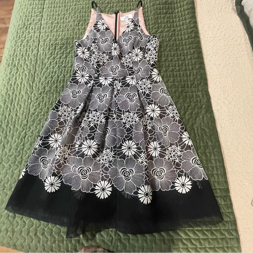 Belle Badgley Mischka black white sleeveless floral lace dress‎ size 6 fit flare